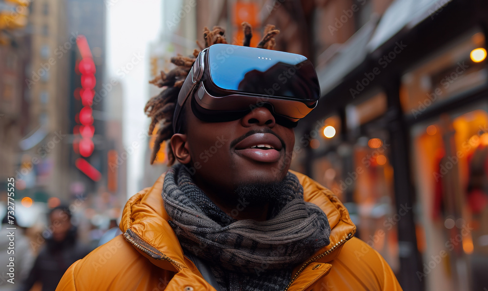 Man wearing virtual reality headset in urban setting. Close-up street portrait with place for text.Technology and gaming concept. Design for posters, banners. Man wearing virtual reality headset in urban setting. Close-up street portrait with place for text.Technology and gaming concept. Design for posters, banners.