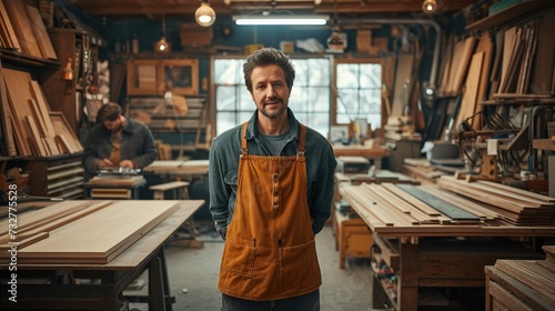 A man standing in carpentry workshop. Generative AI.