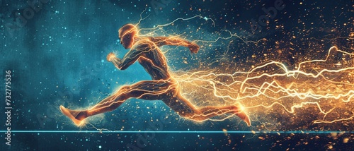 Illustration of Adrenaline (Epinephrine) Unleashing Lightning Power on a Running Figure .  photo
