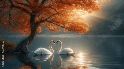 Swans and an Orange Tree by the Lake  Caressed by the Morning Sunrays.