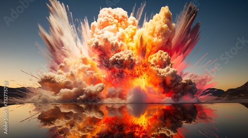 Raging detonation shakes the desert landscape. Awesome sky adds drama to the explosion.