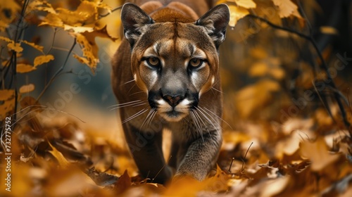 a cougar walks through a field of leaves
