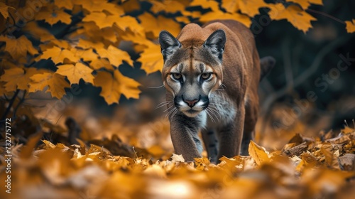 The Intense Stare of a Mountain Lion Overlooking a Hill Swathed in Fallen Leaves. photo