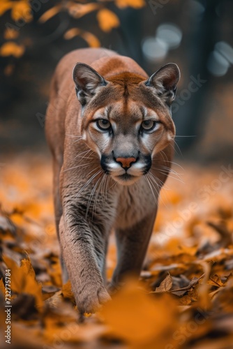 A Cougar s Quiet Trek Through a Leaf-Strewn Field  Embodying the Stealth of Nature.