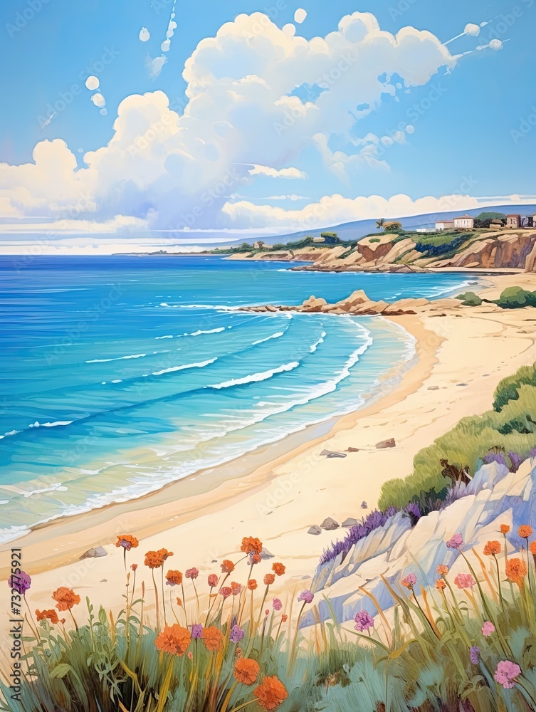 Sun-Drenched Mediterranean Beach Art Print: Seascape, Sand Shore, Beach Scene