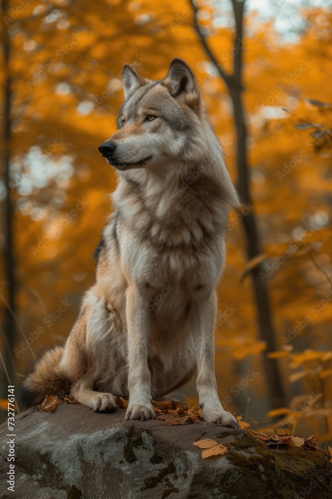 wolf sitting on a rock in the fall wolf sitting on a rock in the fall