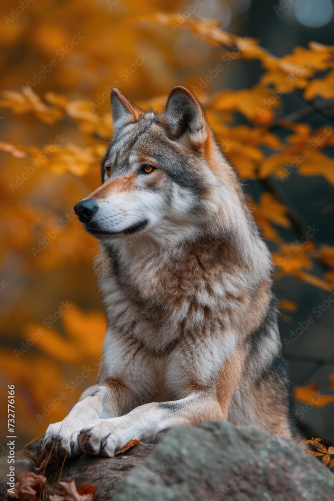 Obraz premium A Lone Wolf's Vigil from Its Stony Outlook Amidst Autumn's Palette.