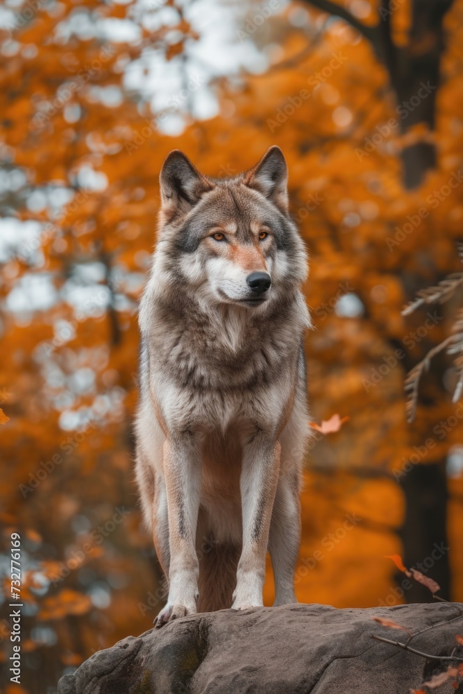 A Wolf's Quiet Repose Beside a Rock, Enveloped by the Woodland's Embrace. A Wolf's Quiet Repose Beside a Rock, Enveloped by the Woodland's Embrace.