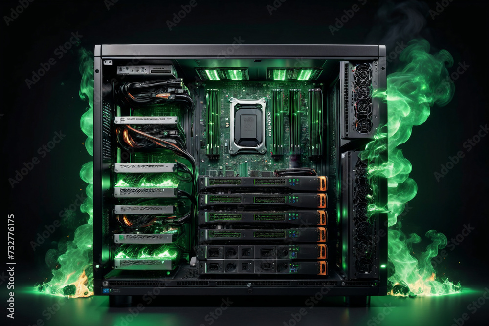 Fototapeta premium server rack with digital green fire due to high demand of generative AI generation and cryptocurrency mining