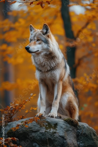 wolf sitting on a rock in the fall