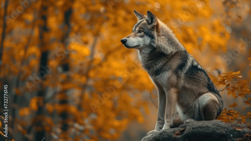 A Solitary Wolf Perched on a Rock  Overlooking the Fall Landscape.