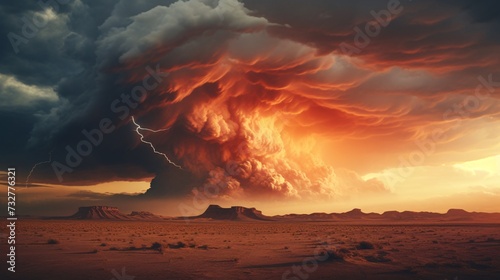 Blazing blast echoes across the desert. Spectacularly fiery sky adds to the drama.
