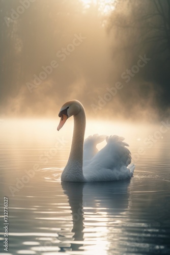 a white swan on a lake at sunrise