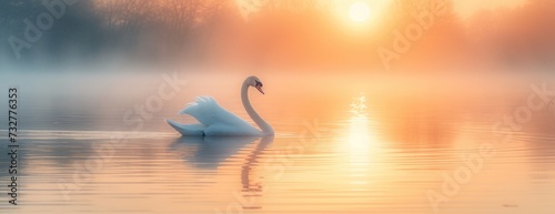 The Lake s Morning Jewel  A White Swan Basks in the Warm Glow of Sunrise.