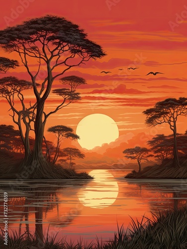 Sunset Safari Print: Vintage African Landscape Wall Art © Michael