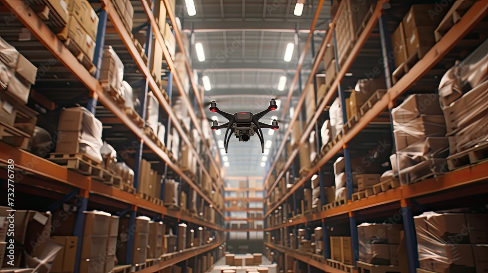drones hovering over aisles in a warehouse, diligently scanning barcodes for precise inventory management, showcasing the seamless integration of technology into the supply chain. drones hovering over aisles in a warehouse, diligently scanning barcodes for precise inventory management, showcasing the seamless integration of technology into the supply chain.
