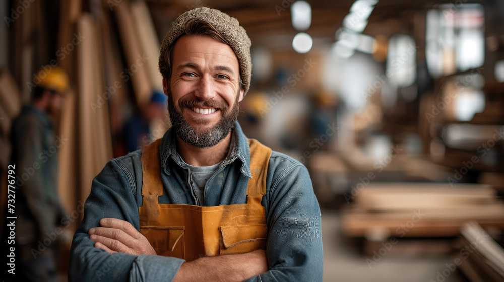 Portrait of a carpenter in a workshop with woodworking tools in the background. Generative AI. Portrait of a carpenter in a workshop with woodworking tools in the background. Generative AI.