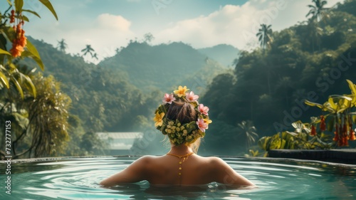 Woman with flowers in hair relaxing in Infinity pool with a view to the jungle created with Generative AI