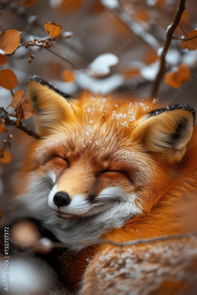Fototapeta premium Restful Fox: Sleeping Beauty in Zoo Exhibit.