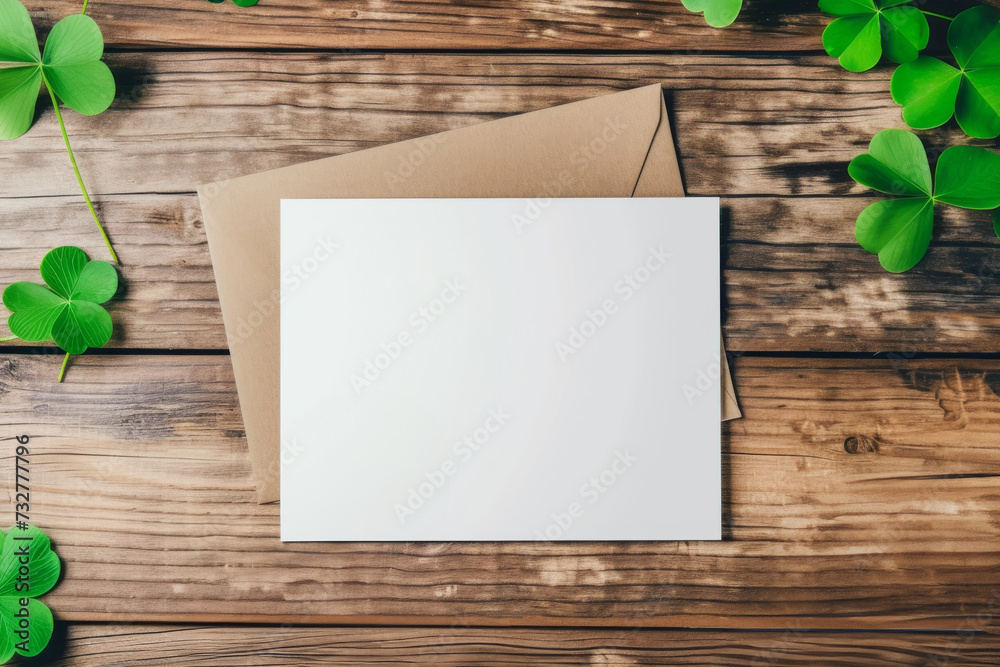 Blank greeting card surrounded by vibrant green clover leaves for St. Patrick's Day celebration, wooden background, flat lay Blank greeting card surrounded by vibrant green clover leaves for St. Patrick's Day celebration, wooden background, flat lay