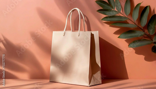 Eco Brown Paper Shopping Bag on Coral Background, Tropical Palm leaves and shadows, Space for Copy, Sale Banner, Mockup