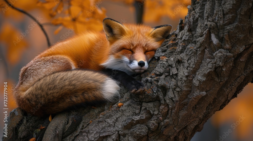 Naklejka premium Fox Napping Aloft: Stunning Photos Capturing a Red Fox Resting on a Tree Canopy.