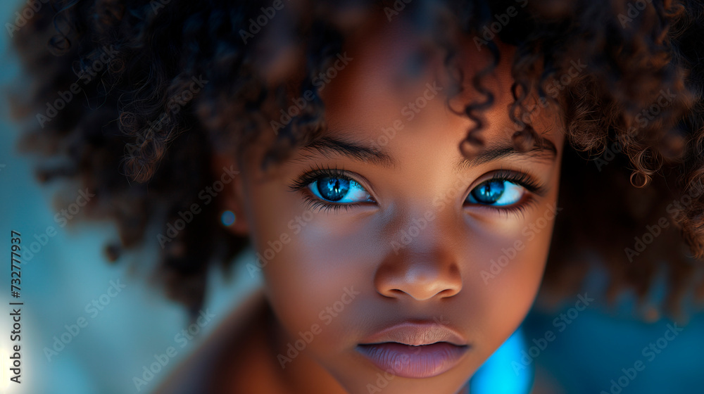 Fototapeta premium Retrato de niña negra joven, morena de ojos claros, primer plano, con fondo desenfocado