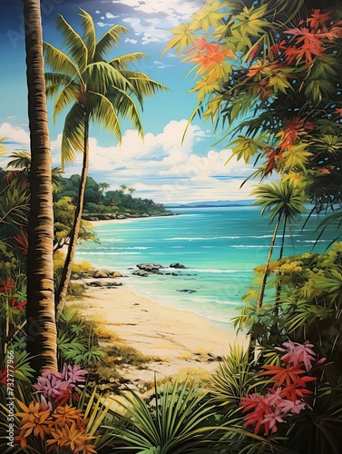 Tropical Beach Art: Serene Bamboo Forests Meeting Vintage Painting in a Nature Retreat
