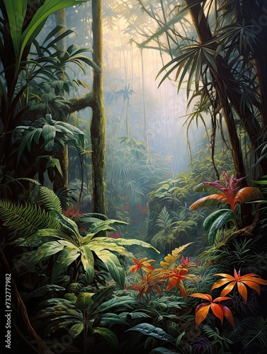 Enchanting Misty Rainforest Canopies  Tropical Jungle Landscape on Canvas