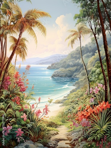 Tropical Beach Art in Serene Bamboo Forests: Vintage Painting and Nature Retreat