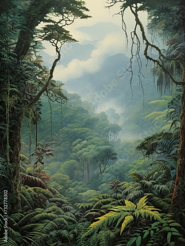 Misty Rainforest Canopies  Vintage Jungle Scenic with Tropical Tree Art