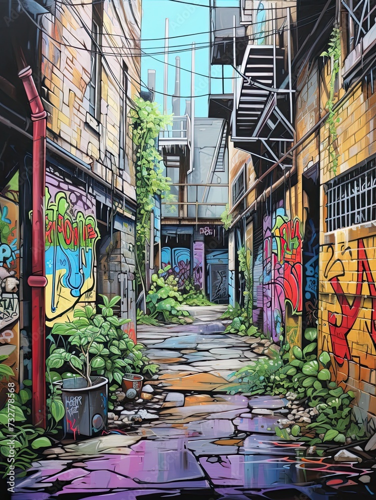Fototapeta premium Urban Graffiti Alleyways - Acrylic Landscape Art: Alley View, Street Mural Scene