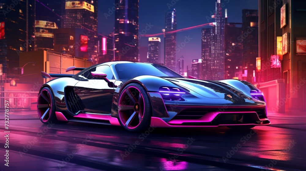 A sleek metallic speedster slicing through a neon-lit cityscape at midnight.