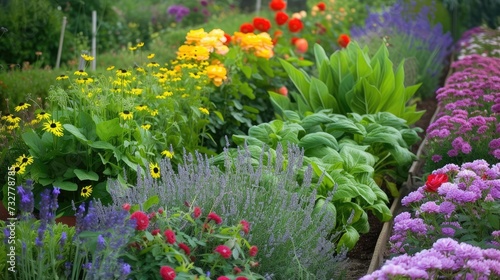 a garden adorned with raised beds  where lush greenery thrives alongside colorful blooms of a rose garden and the soothing aroma of lavender  creating a picturesque oasis of beauty.