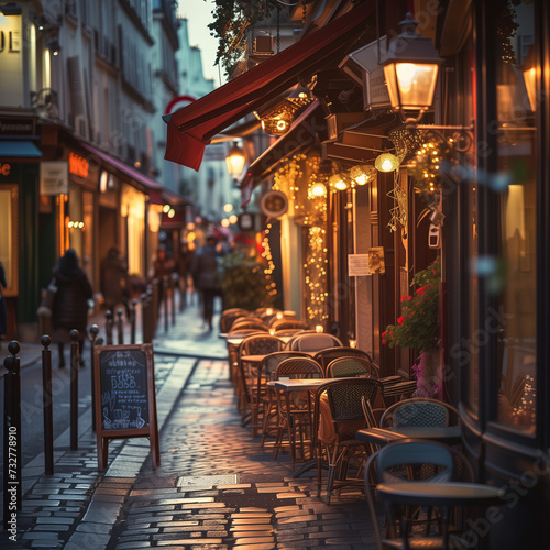 Romantic Evening Ambiance in Parisian Alley with Cafes