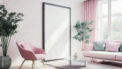 Single vertical superbig glossy frame mockup, reflective glass, mockup poster on the wall of living room. Interior mockup. Apartment background. Modern Japandi interior design. 3D render