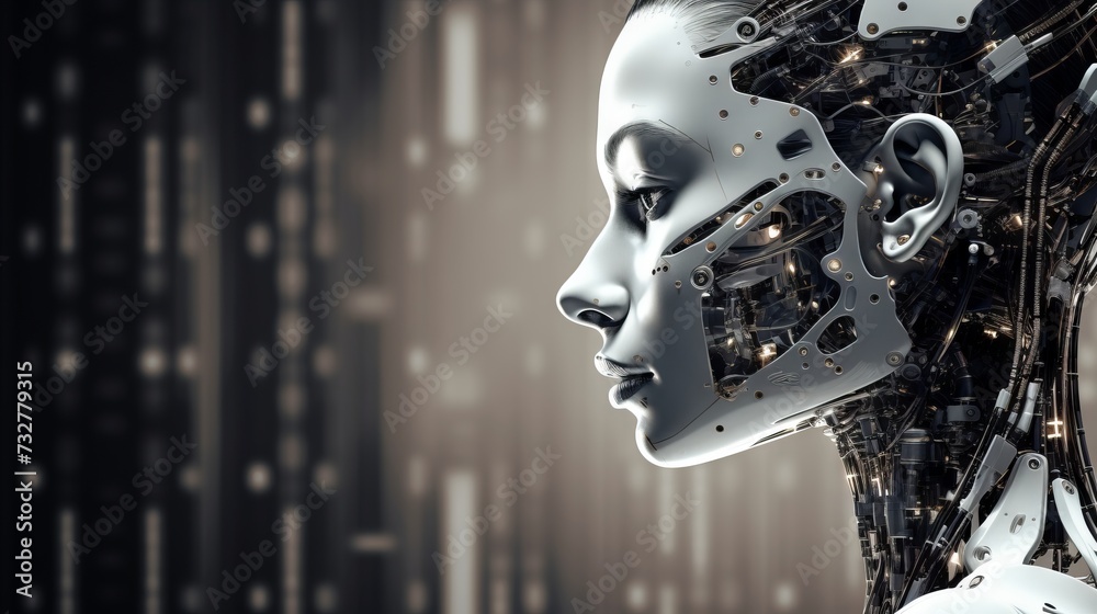 Fototapeta premium Female android with cybernetic enhancements. Concept of futuristic biotechnology, Artificial intelligence integration, advanced robotics, sci-fi technology. Copy space