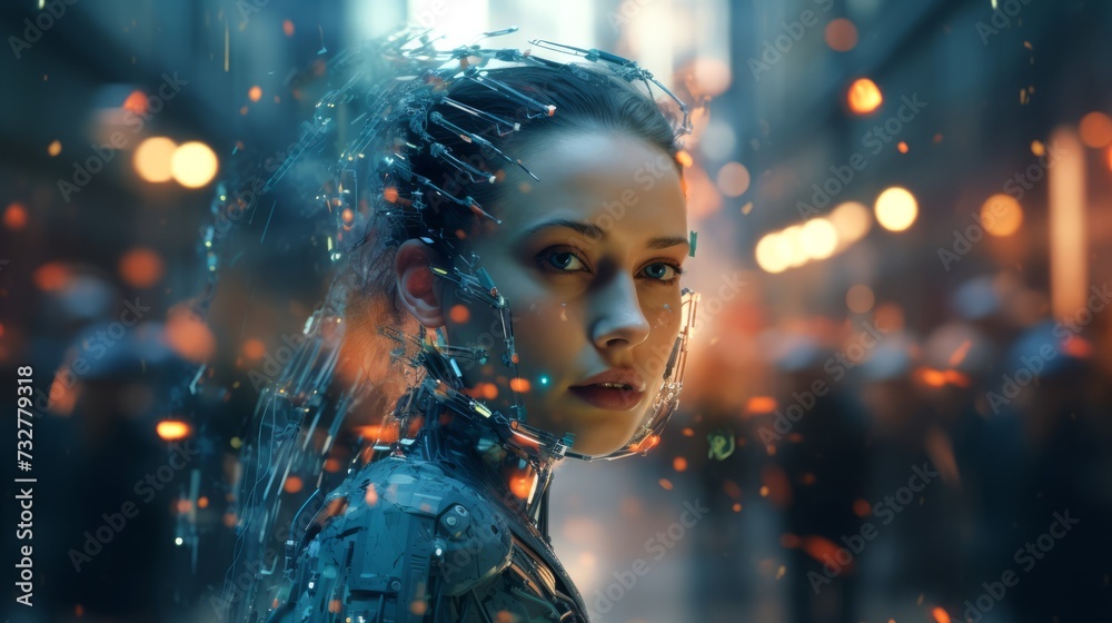 Human-robot hybrid. Concept of AI evolution, cyber-human interfaces, and urban tech advancement. Human-robot hybrid. Concept of AI evolution, cyber-human interfaces, and urban tech advancement.