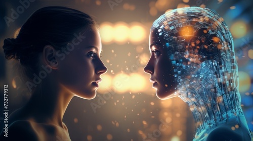 Real girl confronts her digital alter-ego. Concept of virtual reality, digital world, AI identity, and human-tech blend.