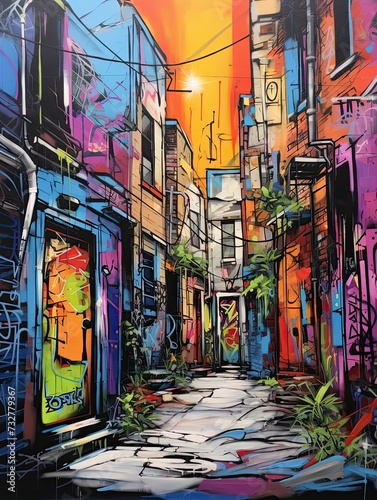 Urban Graffiti Alleyways: Original Painting Showcase of Alley Artwork portraying Modern Street View