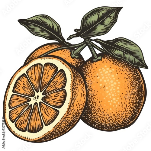 Oranges, woodcut, old vintage style, hand drawn simple graphics, isolated on white background