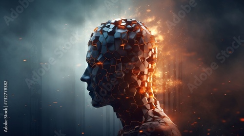 Profile of a head disintegrating into particles against a dark backdrop. Concept of digital transformation, data visualization, Artificial intelligence, and innovation. photo