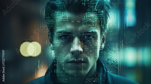 Young Man with digital code overlay on face. Concept of augmented reality, data analysis, and biometrics.