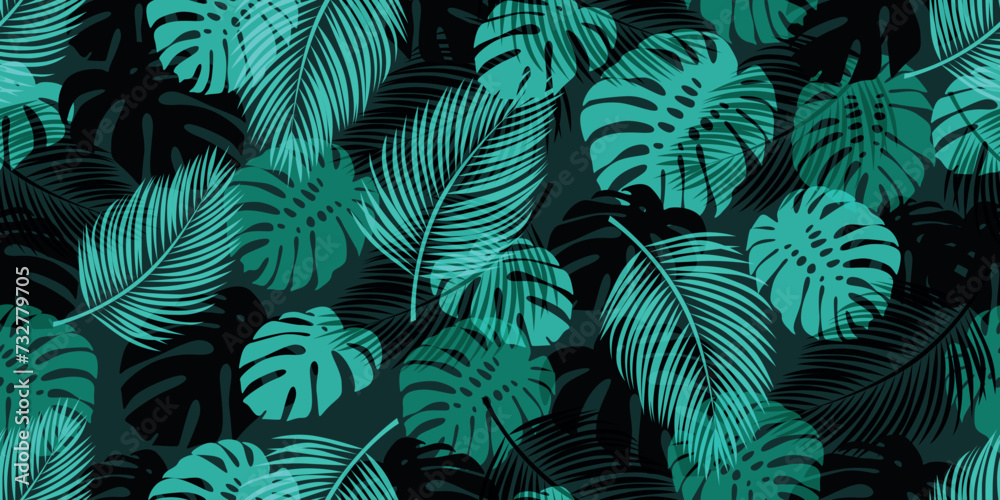 Modern seamless pattern with trendy tropical palm and monstera leaves. Suitable for backgrounds, wallpapers, textiles, prints, and much more. - obrazy, fototapety, plakaty 