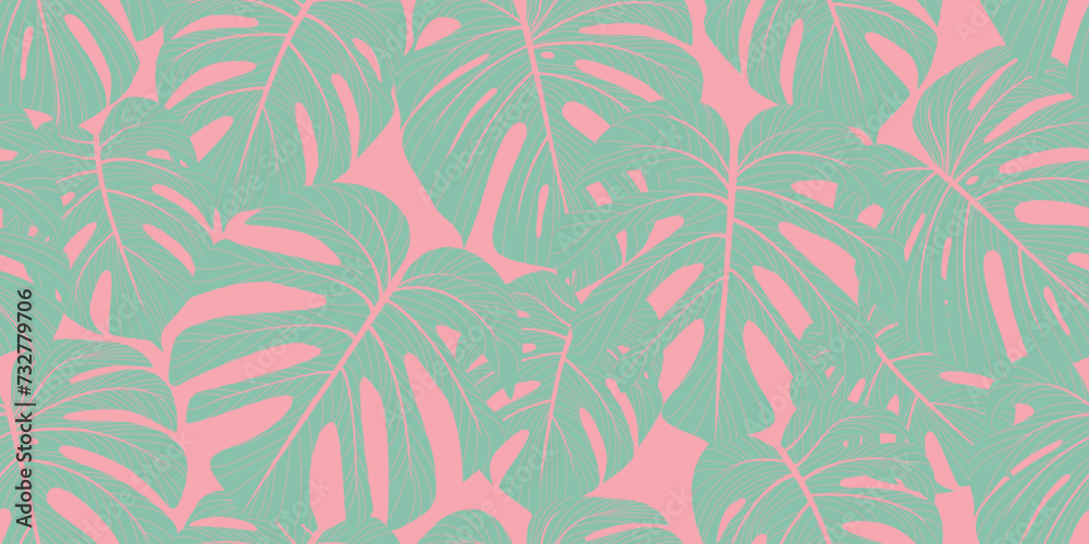 Trendy summer seamless vector pattern with monstera leaves on a pink background. Suitable for textiles, fabric, prints, wallpapers, and much more.