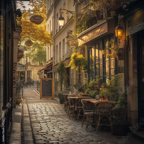 Charming Parisian Street at Sunset with Cafes and Cobblestones