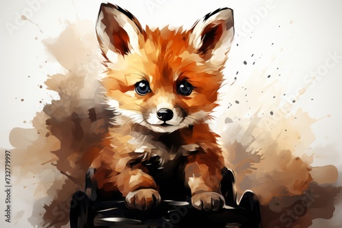 Cheerful watercolor painting of a cute baby fox with vivid blue eyes and adorable perky ears. Ideal for inclusion in childrens books, magazines, and other related materials. photo