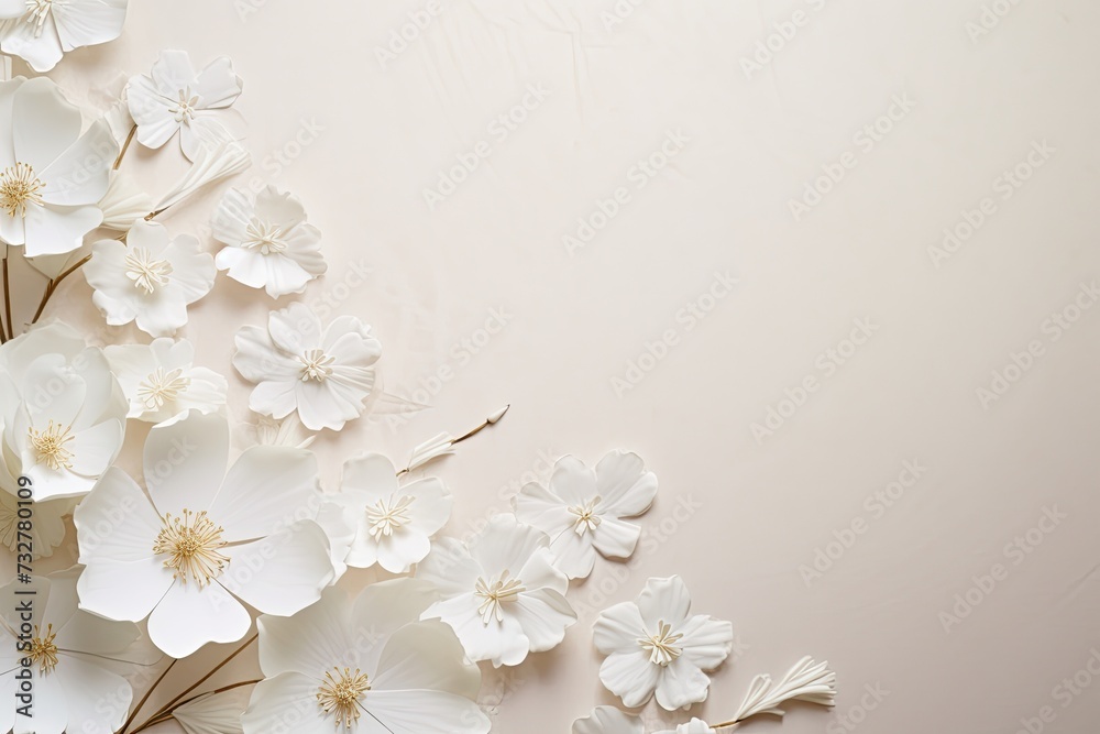laconic Scandinavian natural background with white flowers in delicate pastel shades. spring minimalistic background with shabby antique wall laconic Scandinavian natural background with white flowers in delicate pastel shades. spring minimalistic background with shabby antique wall