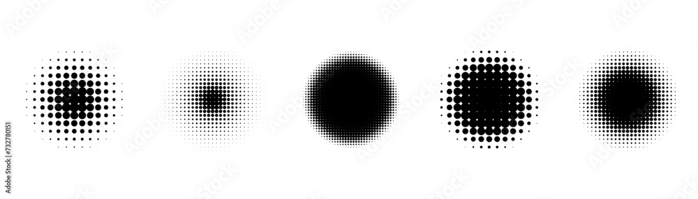 Circle halftones isolated. abstract dotted circles, round halftones geometric dots. vector illustration