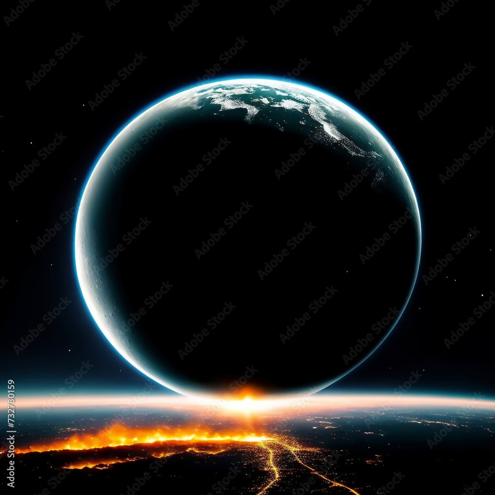 Planet Earth on fire and a new untouched planet against the background of the night sky.